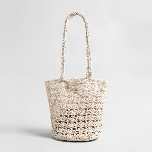 Hand-Crocheted Cotton Shell-Stitch Bucket Tote – Open-Weave Summer Shoulder Bag