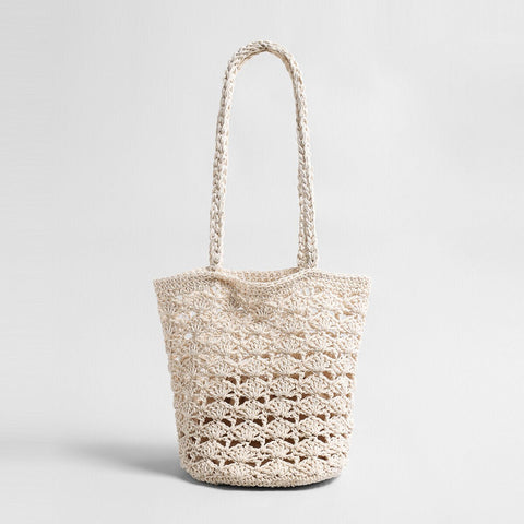 Hand-Crocheted Cotton Shell-Stitch Bucket Tote – Open-Weave Summer Shoulder Bag