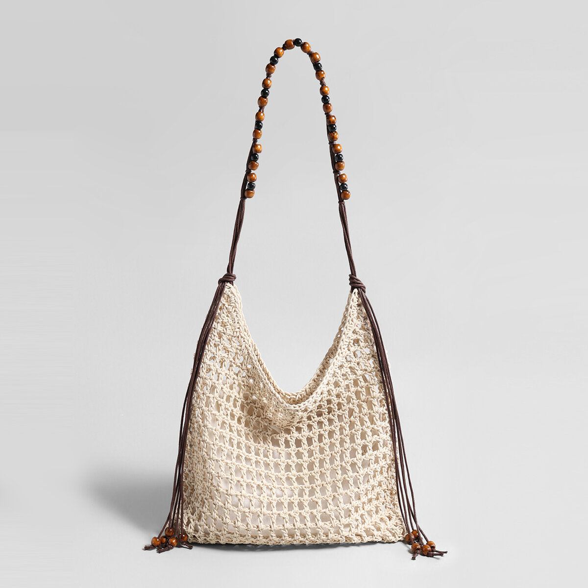 Hand-Crocheted Open-Weave Hobo Bag – Two-Tone Beaded Strap with Drawstring Inner Pouch