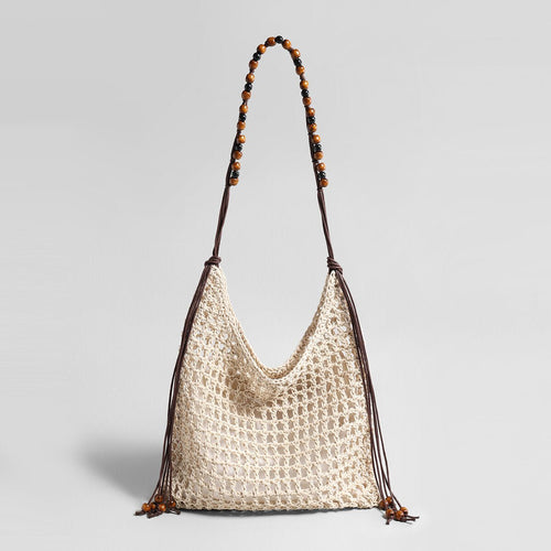 Hand-Crocheted Open-Weave Hobo Bag – Two-Tone Beaded Strap with Drawstring Inner Pouch
