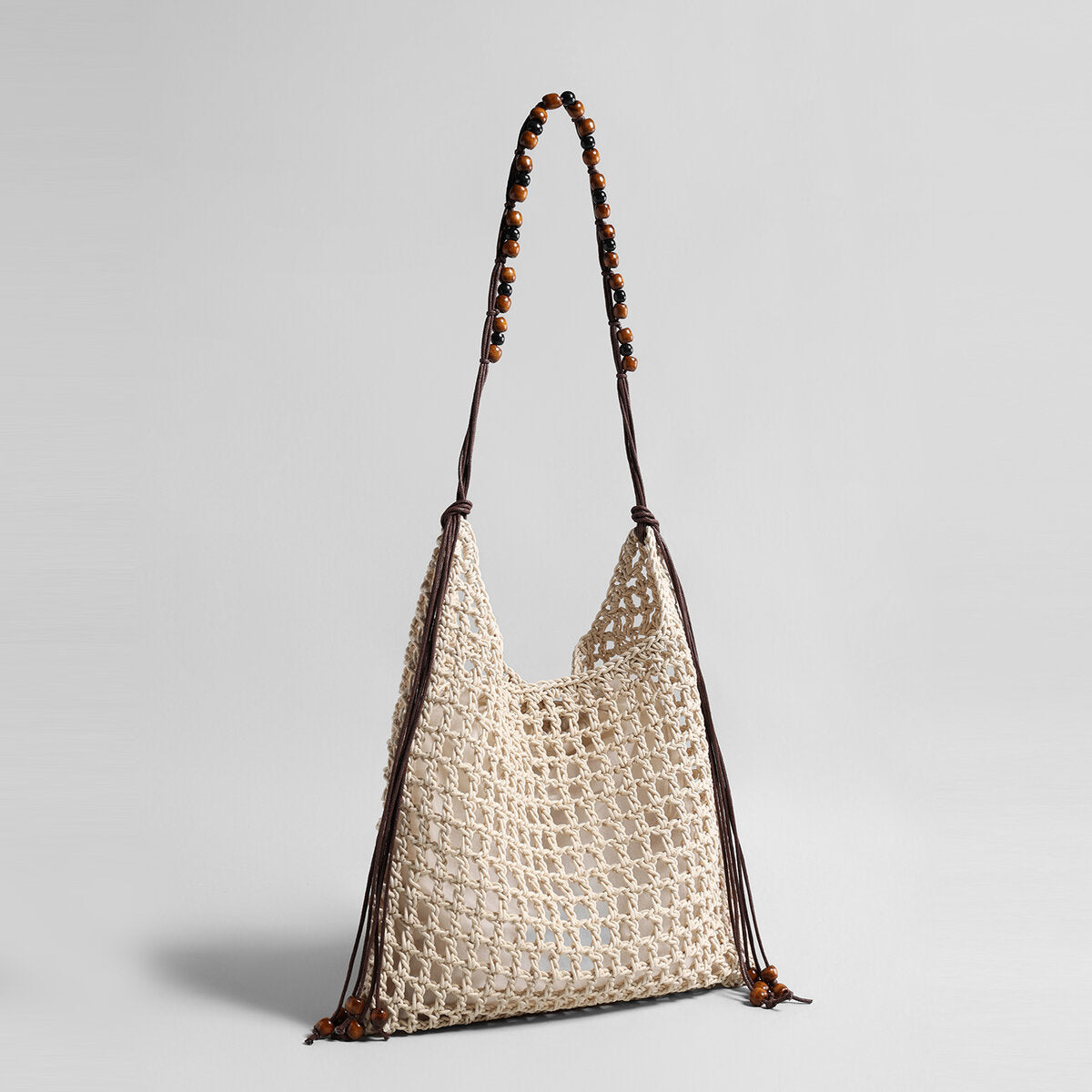 Hand-Crocheted Open-Weave Hobo Bag – Two-Tone Beaded Strap with Drawstring Inner Pouch