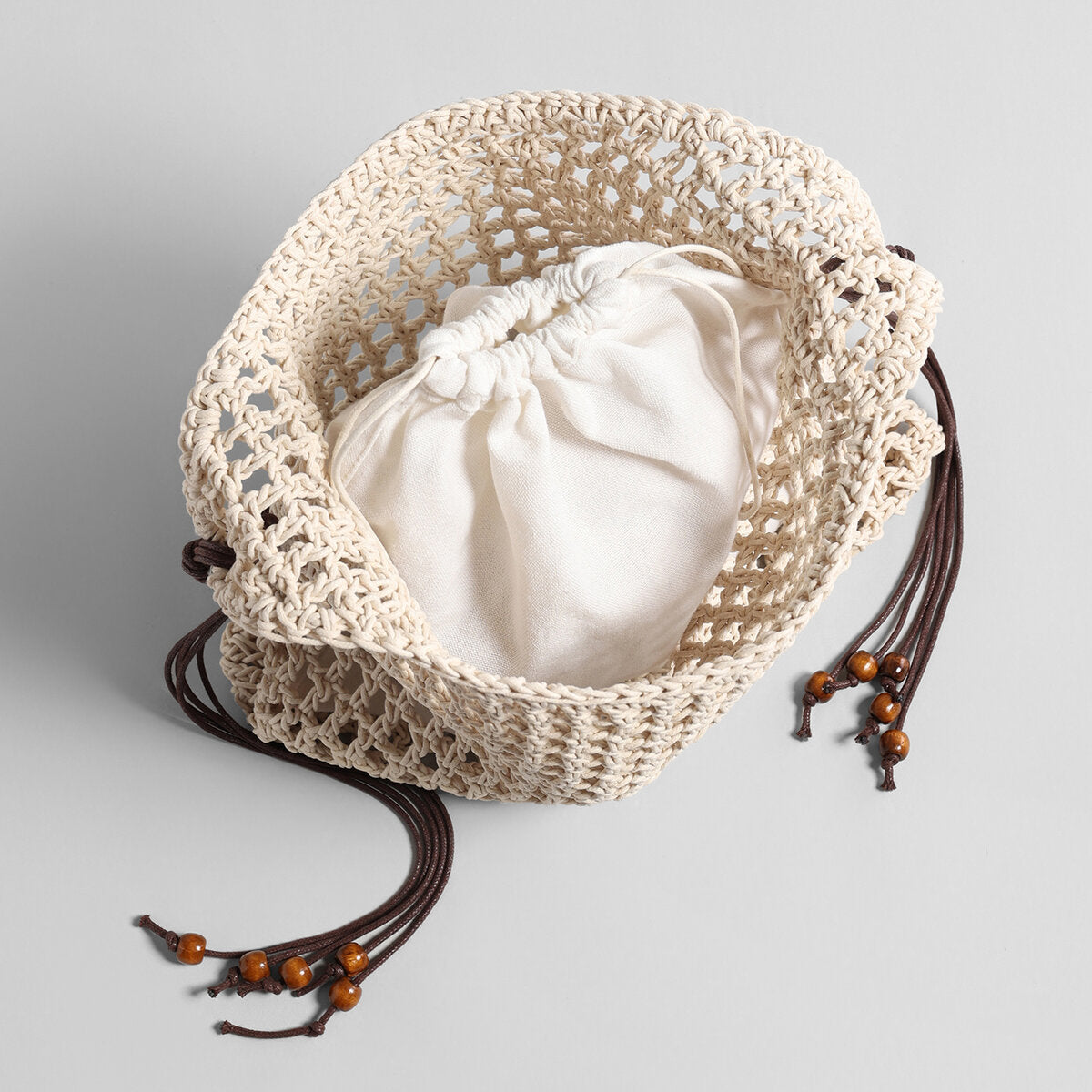 Hand-Crocheted Open-Weave Hobo Bag – Two-Tone Beaded Strap with Drawstring Inner Pouch