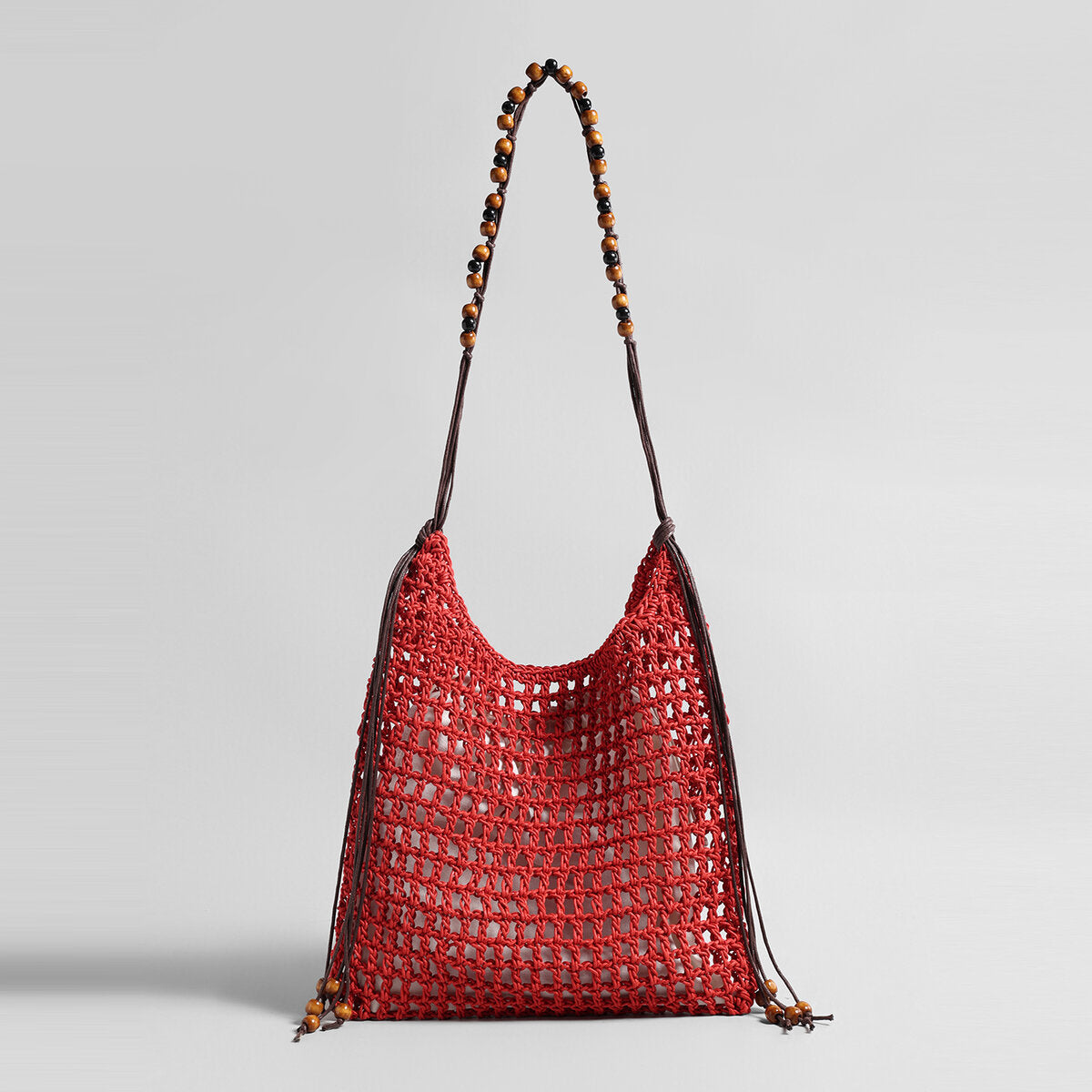 Hand-Crocheted Open-Weave Hobo Bag – Two-Tone Beaded Strap with Drawstring Inner Pouch
