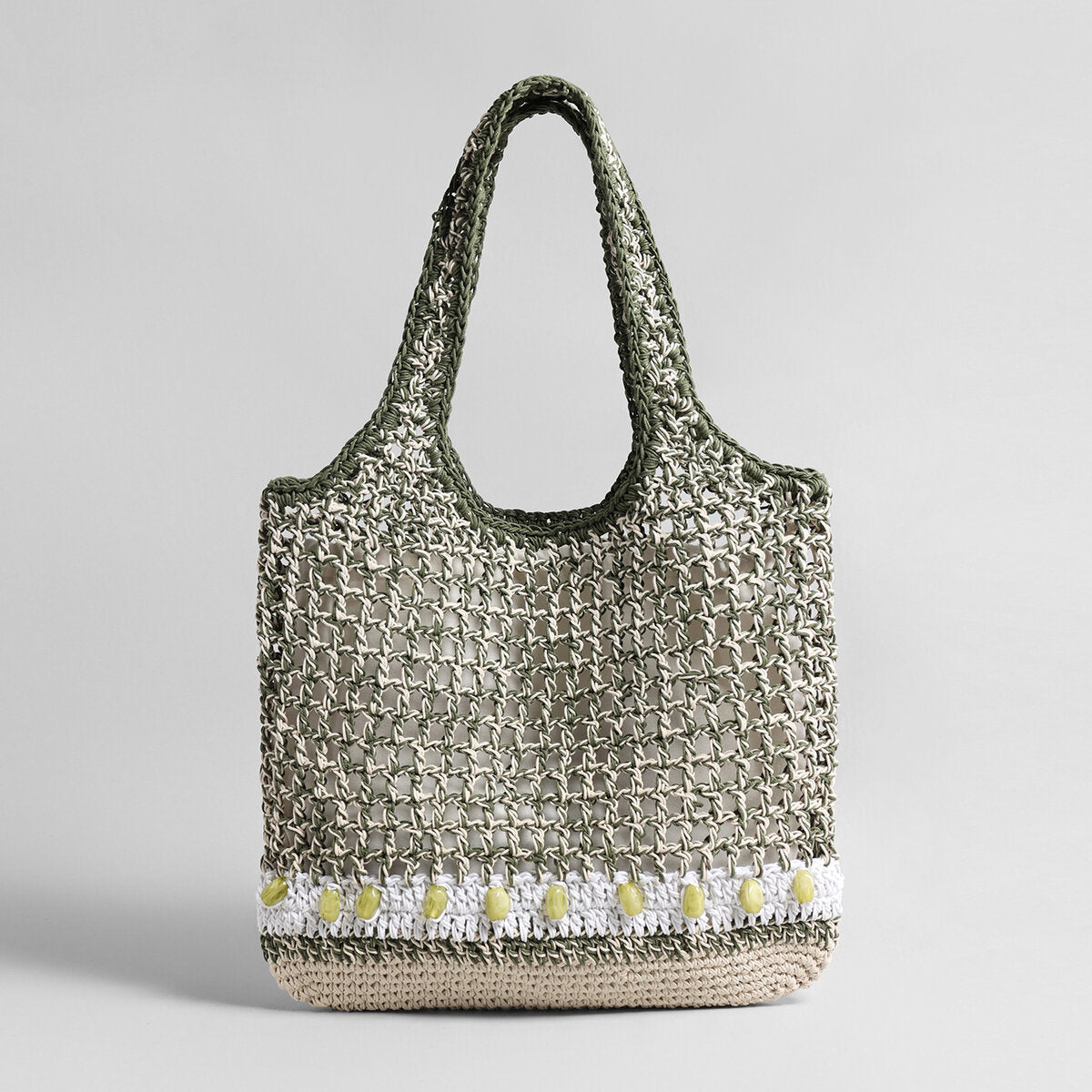 Hand-Crocheted Open-Weave Tote Bag – Beaded Trim with Drawstring Inner Pouch
