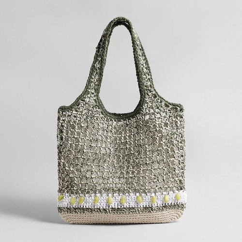 Hand-Crocheted Open-Weave Tote Bag – Beaded Trim with Drawstring Inner Pouch