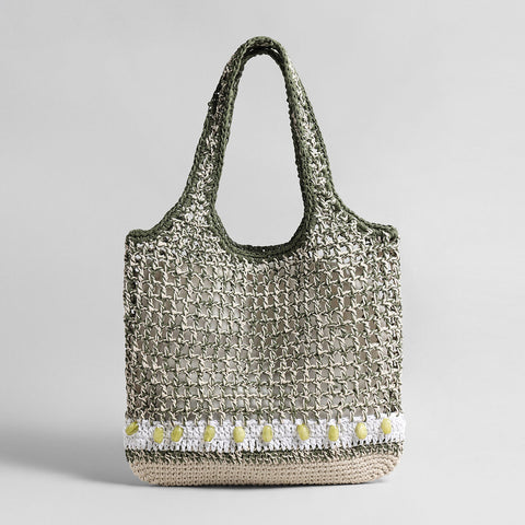 Hand-Crocheted Open-Weave Tote Bag – Beaded Trim with Drawstring Inner Pouch