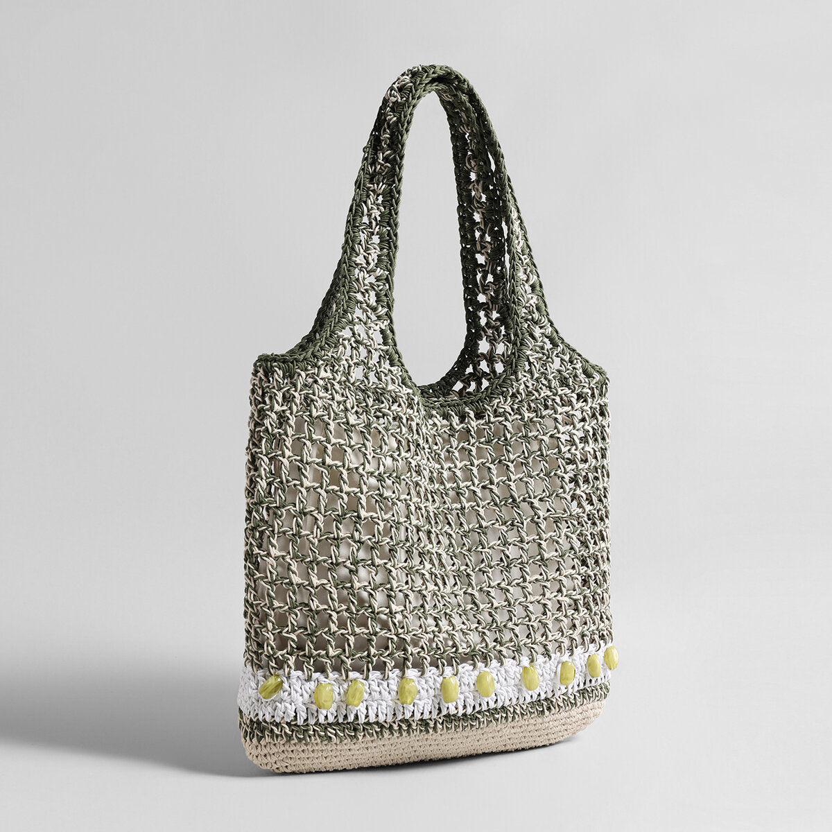 Hand-Crocheted Open-Weave Tote Bag – Beaded Trim with Drawstring Inner Pouch