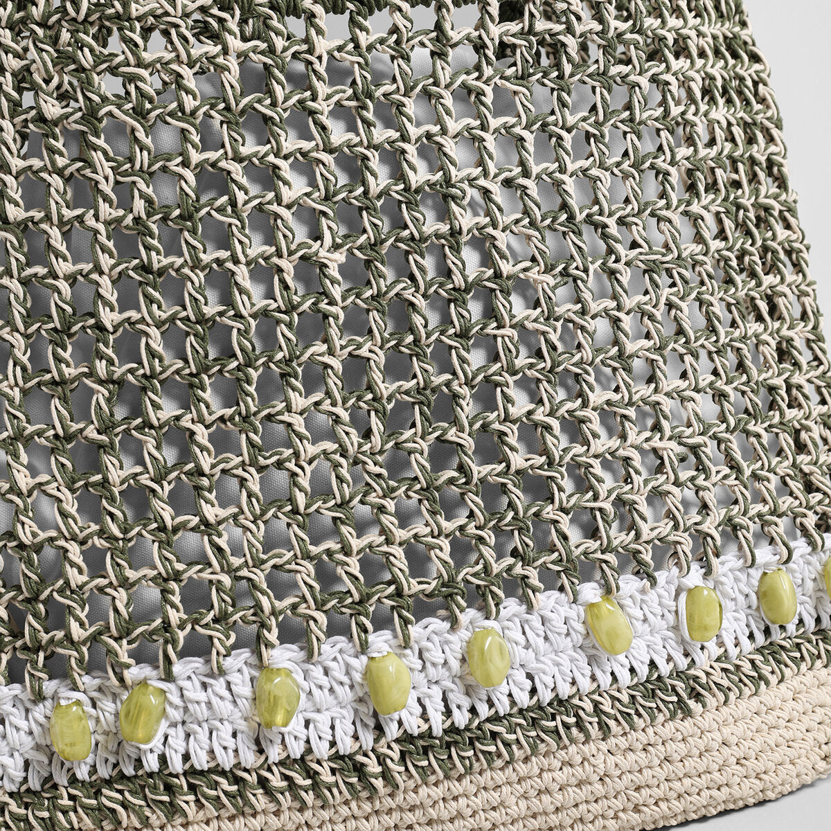 Hand-Crocheted Open-Weave Tote Bag – Beaded Trim with Drawstring Inner Pouch