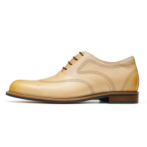 Hand-Finished Beige Calfskin Wingtip Oxford Shoes for Men