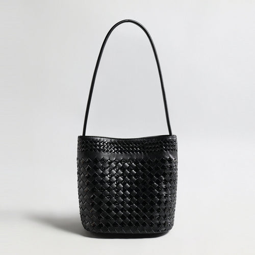 Hand-Woven Lambskin Bucket Bag – Two-Tone Intrecciato Weave with Slim Shoulder Strap