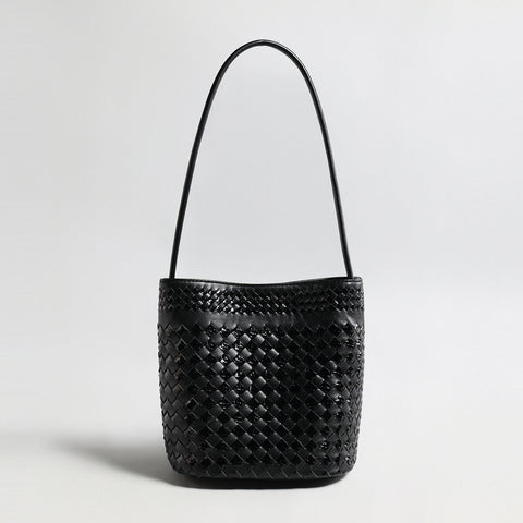 Hand-Woven Lambskin Bucket Bag – Two-Tone Intrecciato Weave with Slim Shoulder Strap