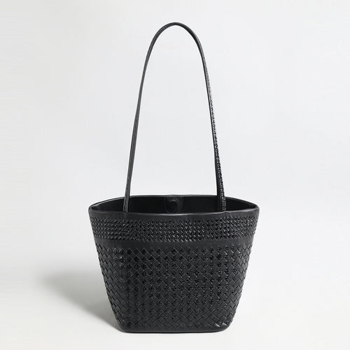 Hand-Woven Leather Tote Bag – Two-Tone Intrecciato Weave with Drawstring Inner Pouch