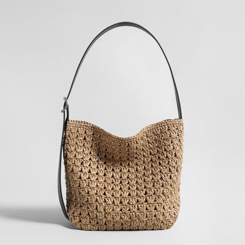Hand-Woven Raffia Bucket Bag – Adjustable Leather Strap with Drawstring Inner Pouch