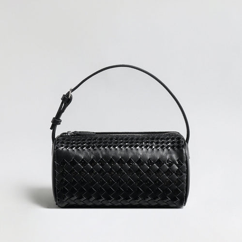 Hand-Woven Sheepskin Leather Cylinder Bag – Two-Tone Intrecciato Barrel with Adjustable Strap