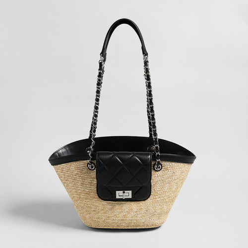 Hand-Woven Straw Basket Tote with Quilted Flap & Chain Strap