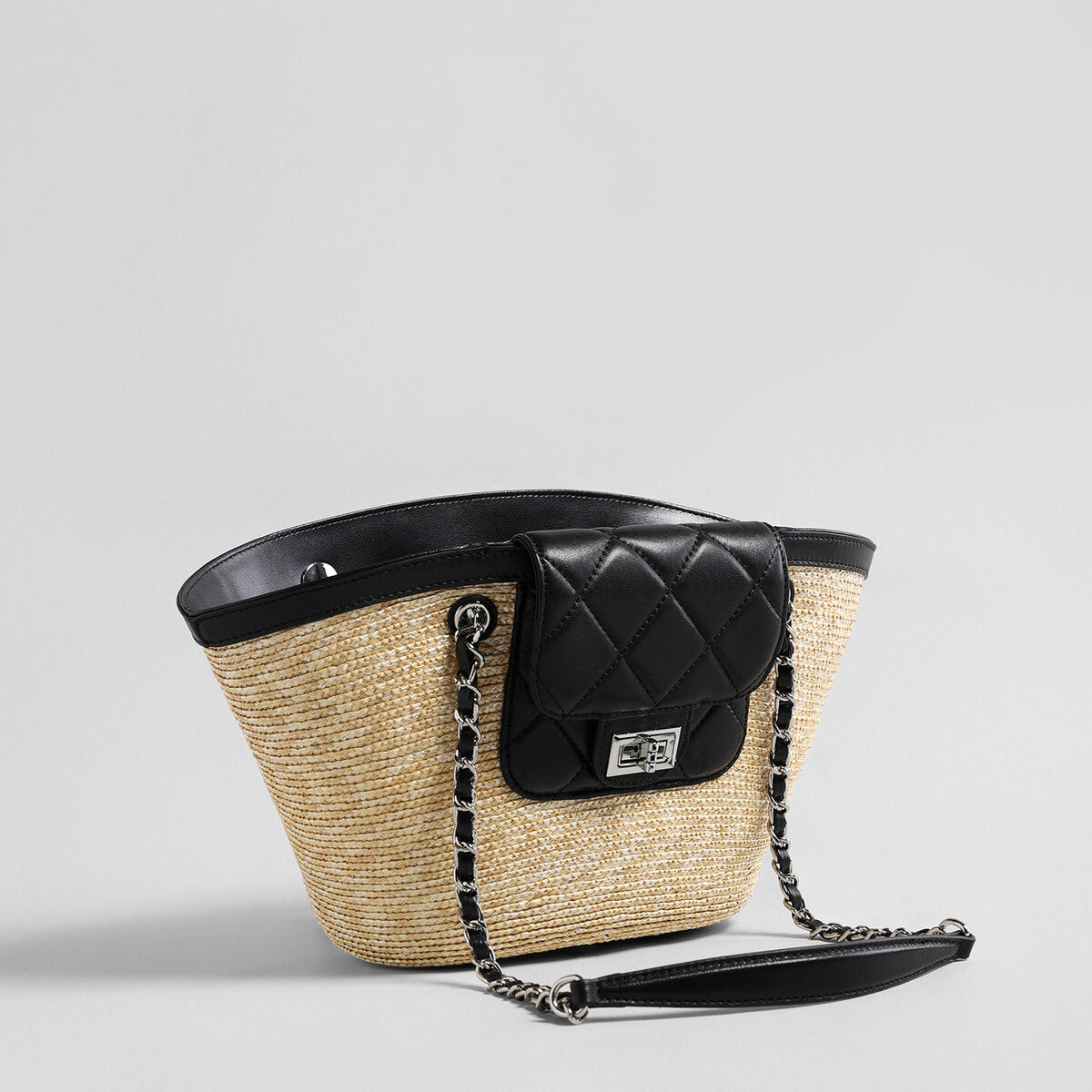 Hand-Woven Straw Basket Tote with Quilted Flap & Chain Strap