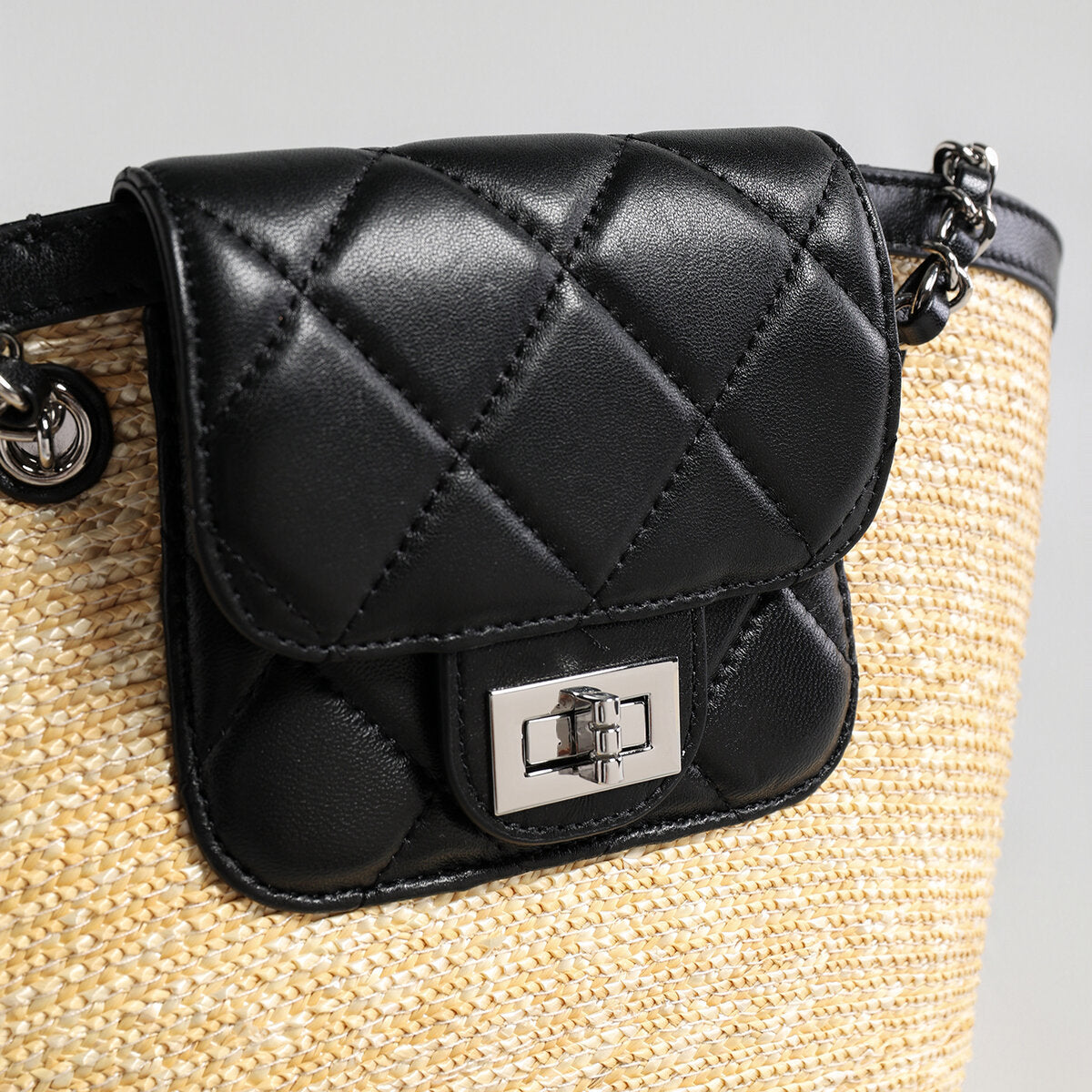 Hand-Woven Straw Basket Tote with Quilted Flap & Chain Strap
