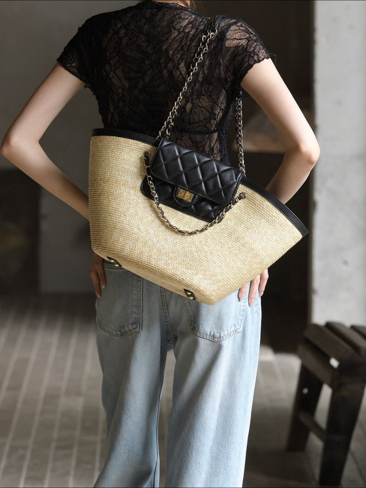 Hand-Woven Straw Basket Tote with Quilted Flap & Chain Strap