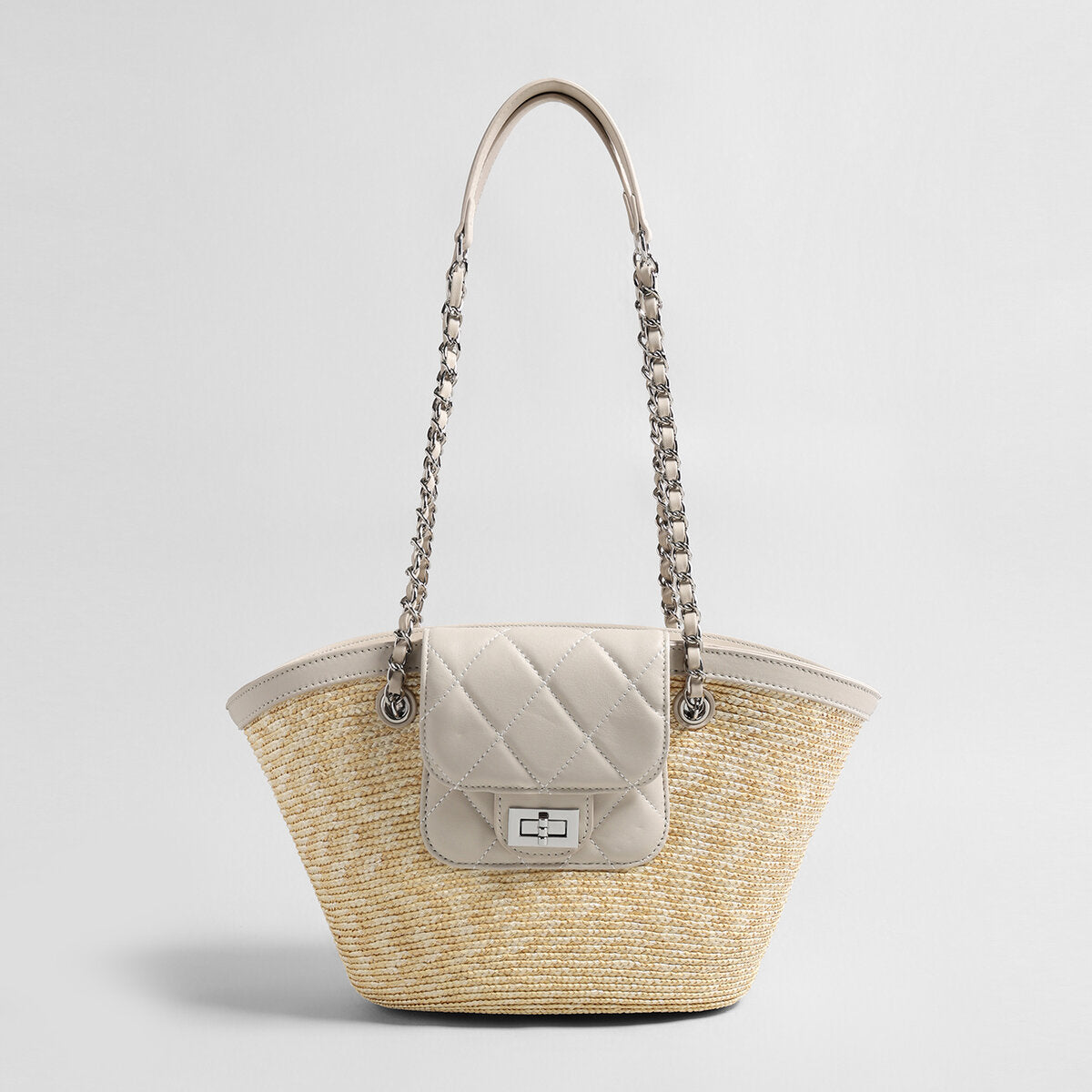 Hand-Woven Straw Basket Tote with Quilted Flap & Chain Strap