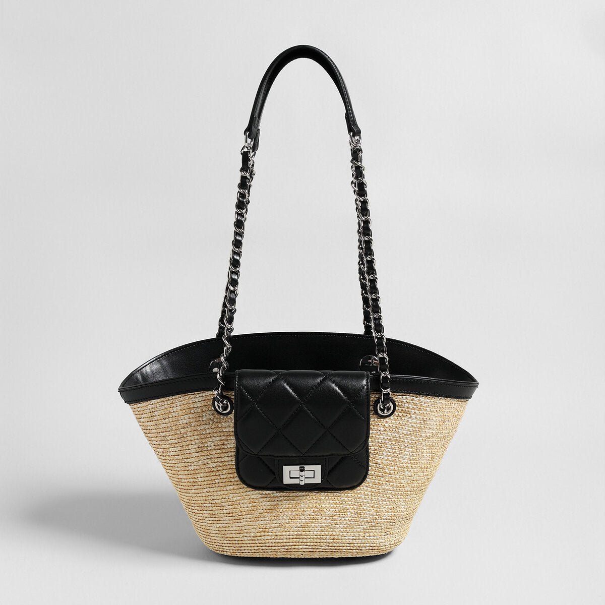 Hand-Woven Straw Basket Tote with Quilted Chain Flap – Chanel-Inspired Luxury Shoulder Bag