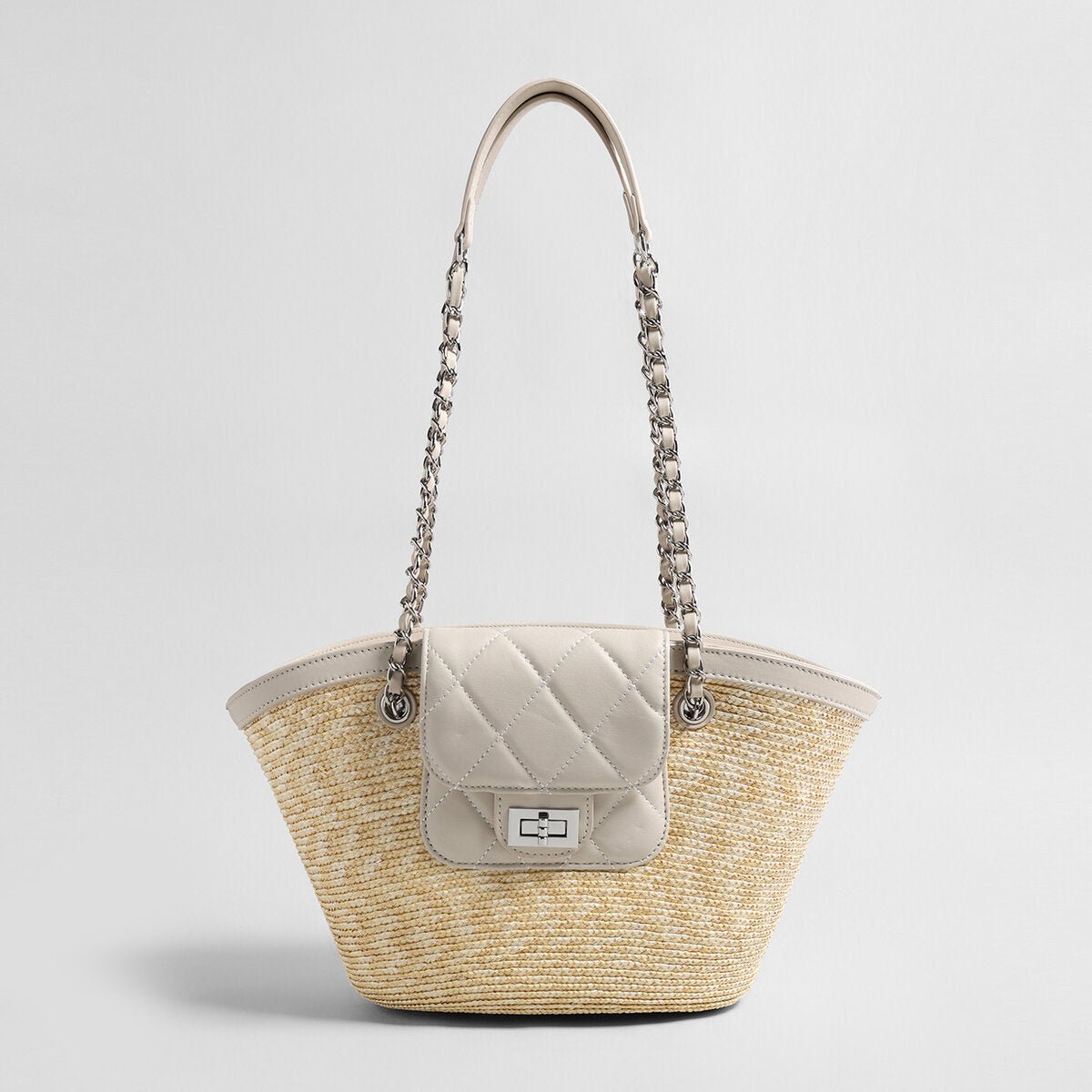Hand-Woven Straw Basket Tote with Quilted Chain Flap – Chanel-Inspired Luxury Shoulder Bag