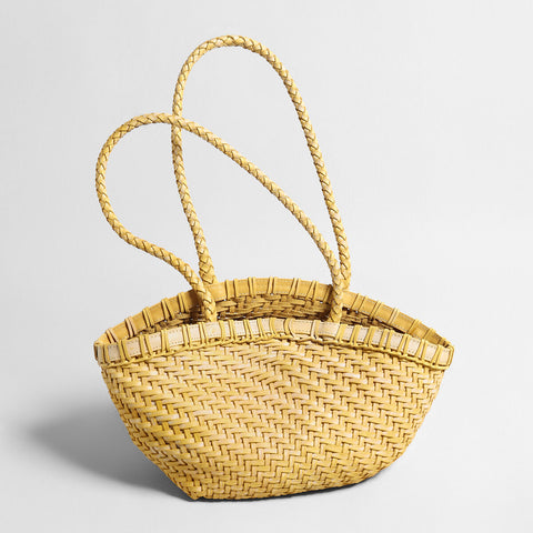 Handwoven Leather Flared Market Basket Tote – Braided Handle Mother-Daughter Bag with Removable Pouch