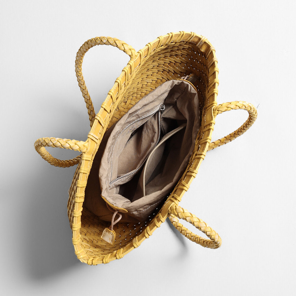 Handwoven Leather Flared Market Basket Tote – Braided Handle Mother-Daughter Bag with Removable Pouch