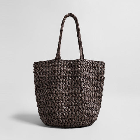 Handwoven Raffia Basket Tote – Open Weave Summer Shoulder Bag with Drawstring Pouch