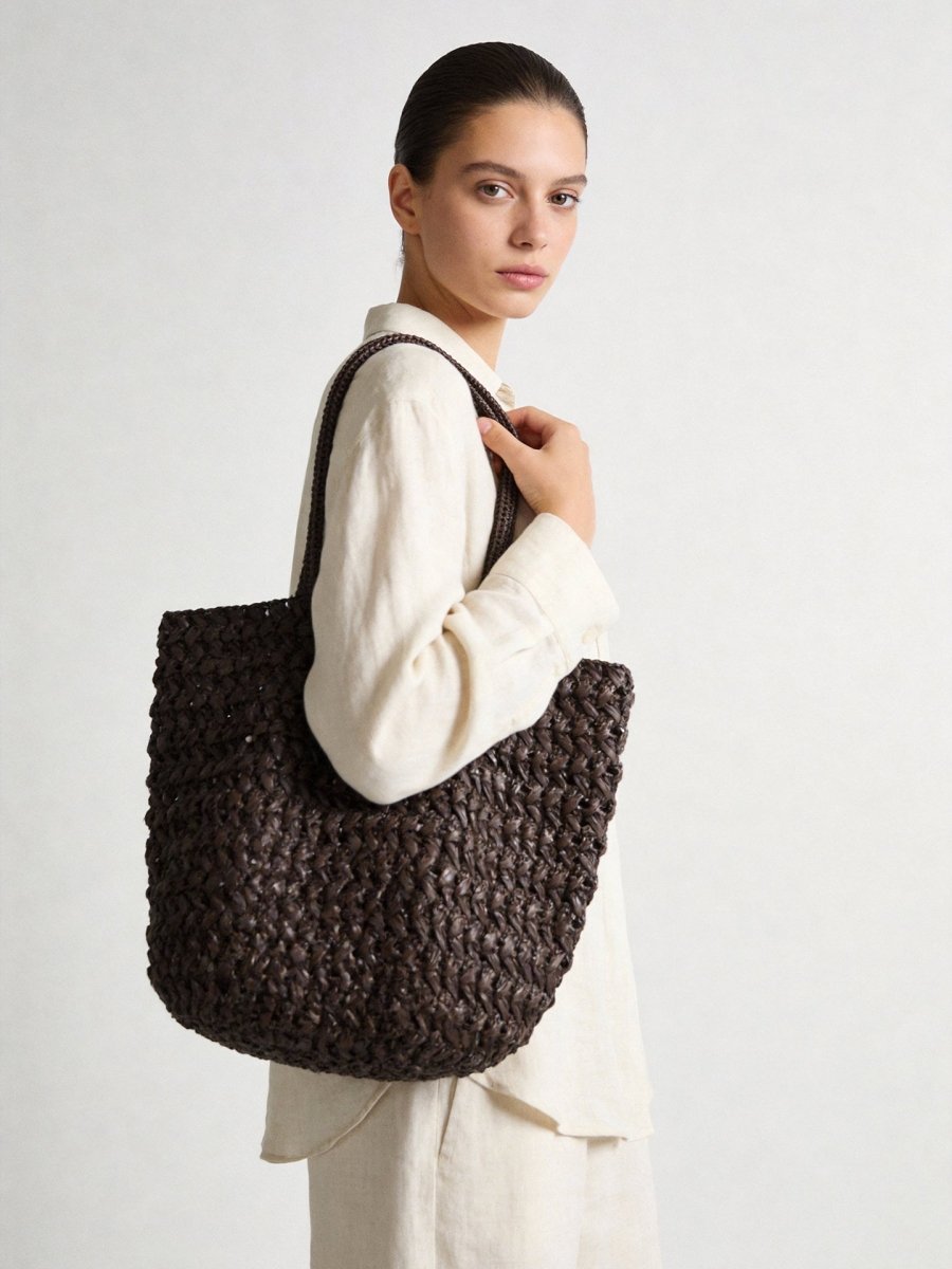 Handwoven Raffia Basket Tote – Open Weave Summer Shoulder Bag with Drawstring Pouch