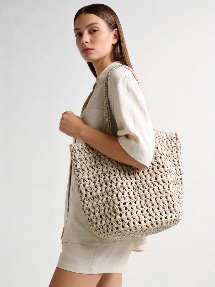 Handwoven Raffia Basket Tote – Open Weave Summer Shoulder Bag with Drawstring Pouch