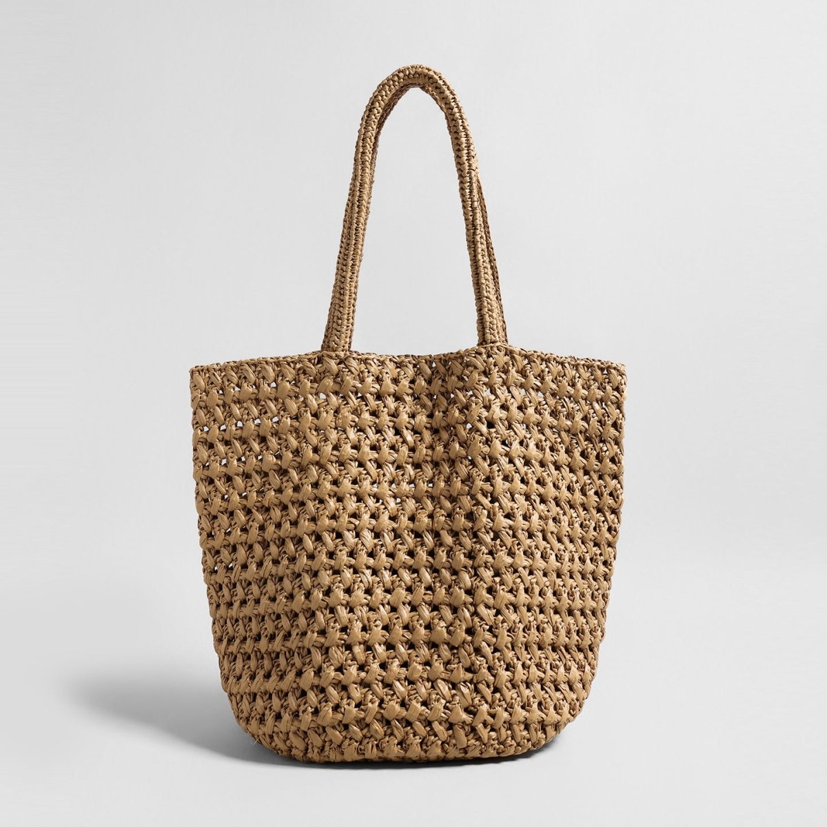Handwoven Raffia Basket Tote – Open Weave Summer Shoulder Bag with Drawstring Pouch