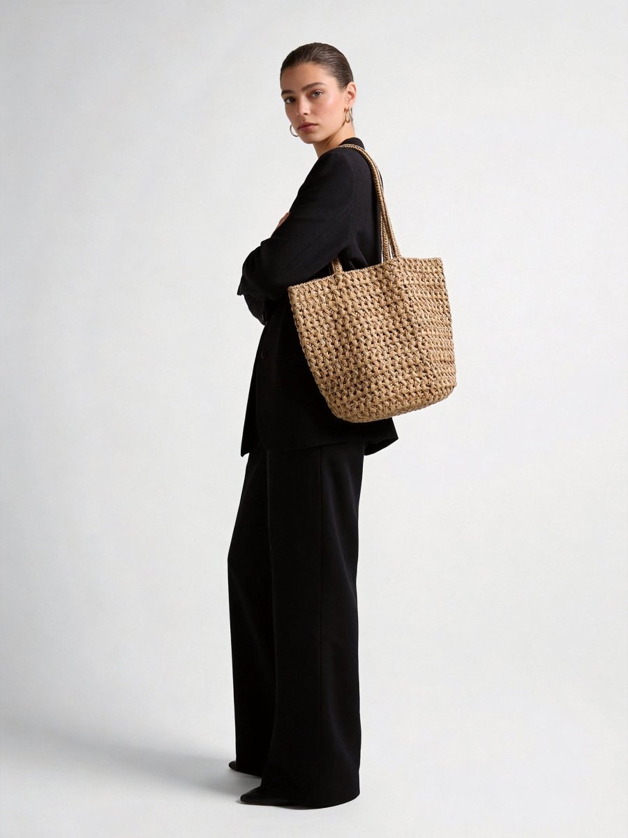 Handwoven Raffia Basket Tote – Open Weave Summer Shoulder Bag with Drawstring Pouch