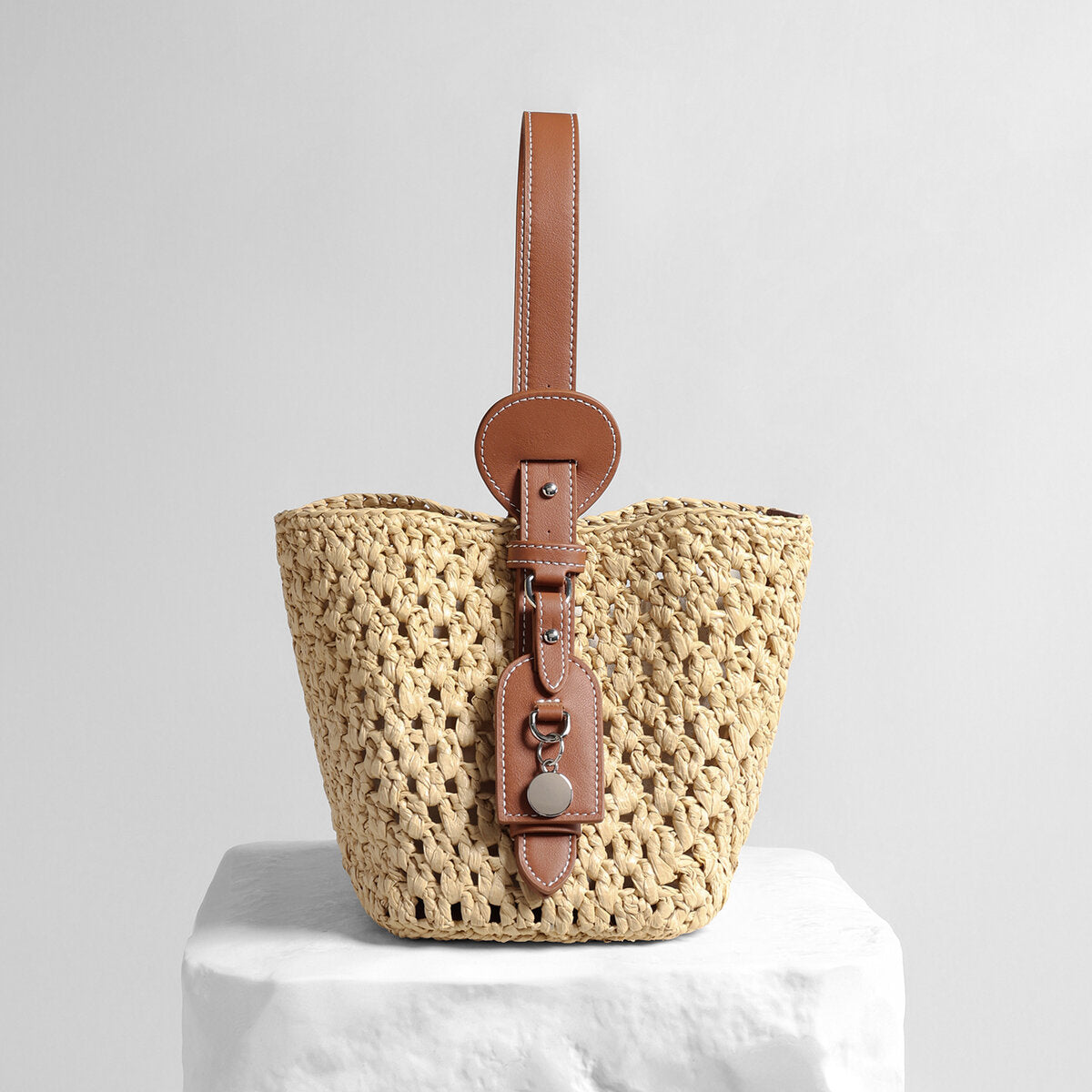 Handwoven Raffia Bucket Bag – Leather Charm Convertible Crossbody Bag