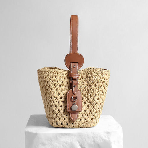 Handwoven Raffia Bucket Bag – Leather Charm Convertible Crossbody Bag