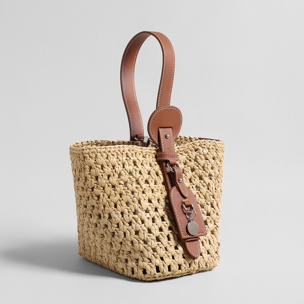 Handwoven Raffia Bucket Bag – Leather Charm Convertible Crossbody Bag
