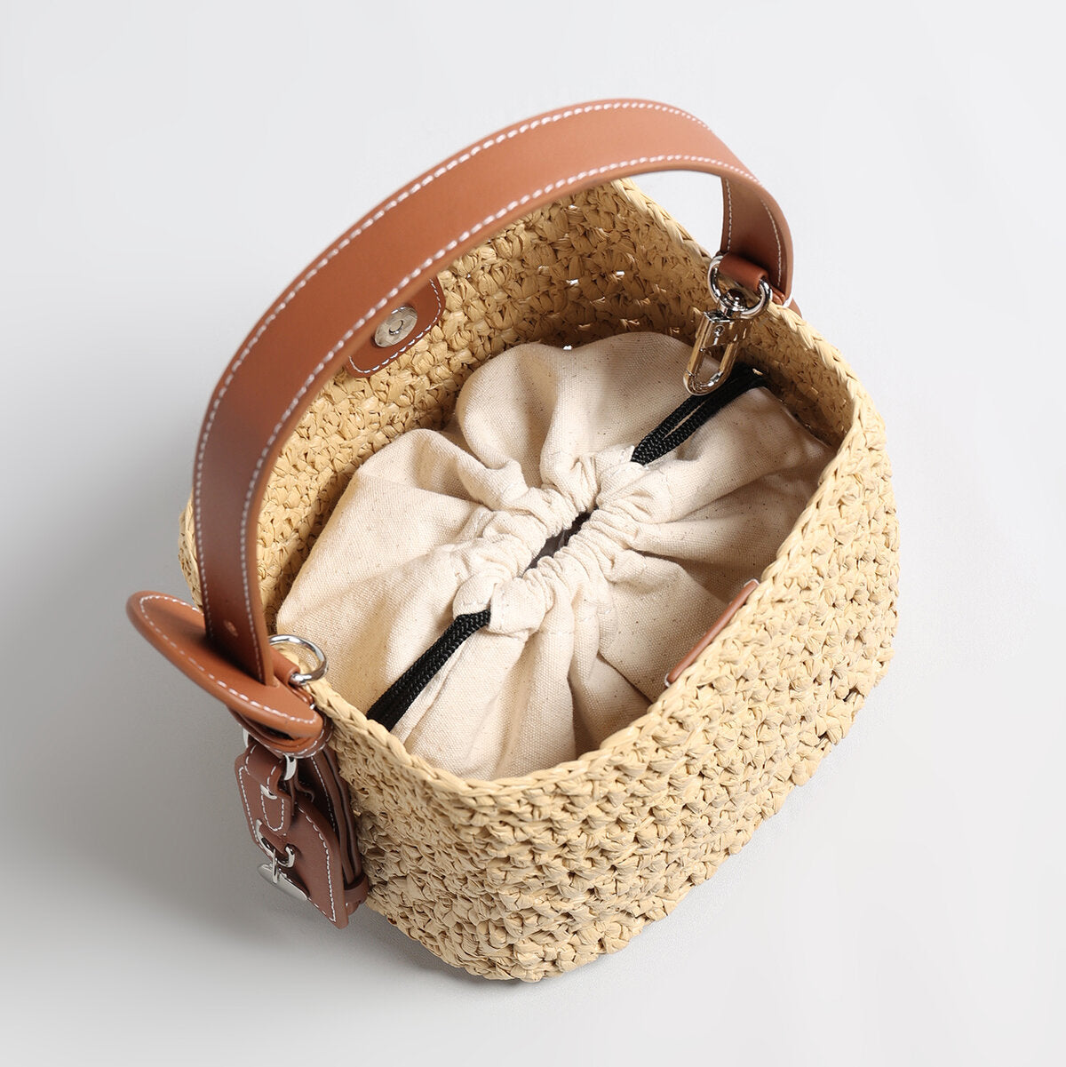 Handwoven Raffia Bucket Bag – Leather Charm Convertible Crossbody Bag