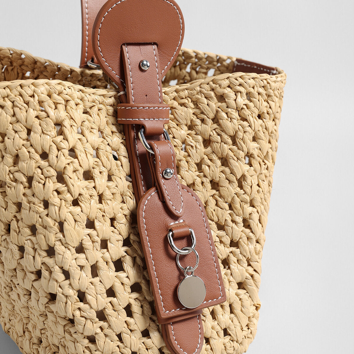 Handwoven Raffia Bucket Bag – Leather Charm Convertible Crossbody Bag