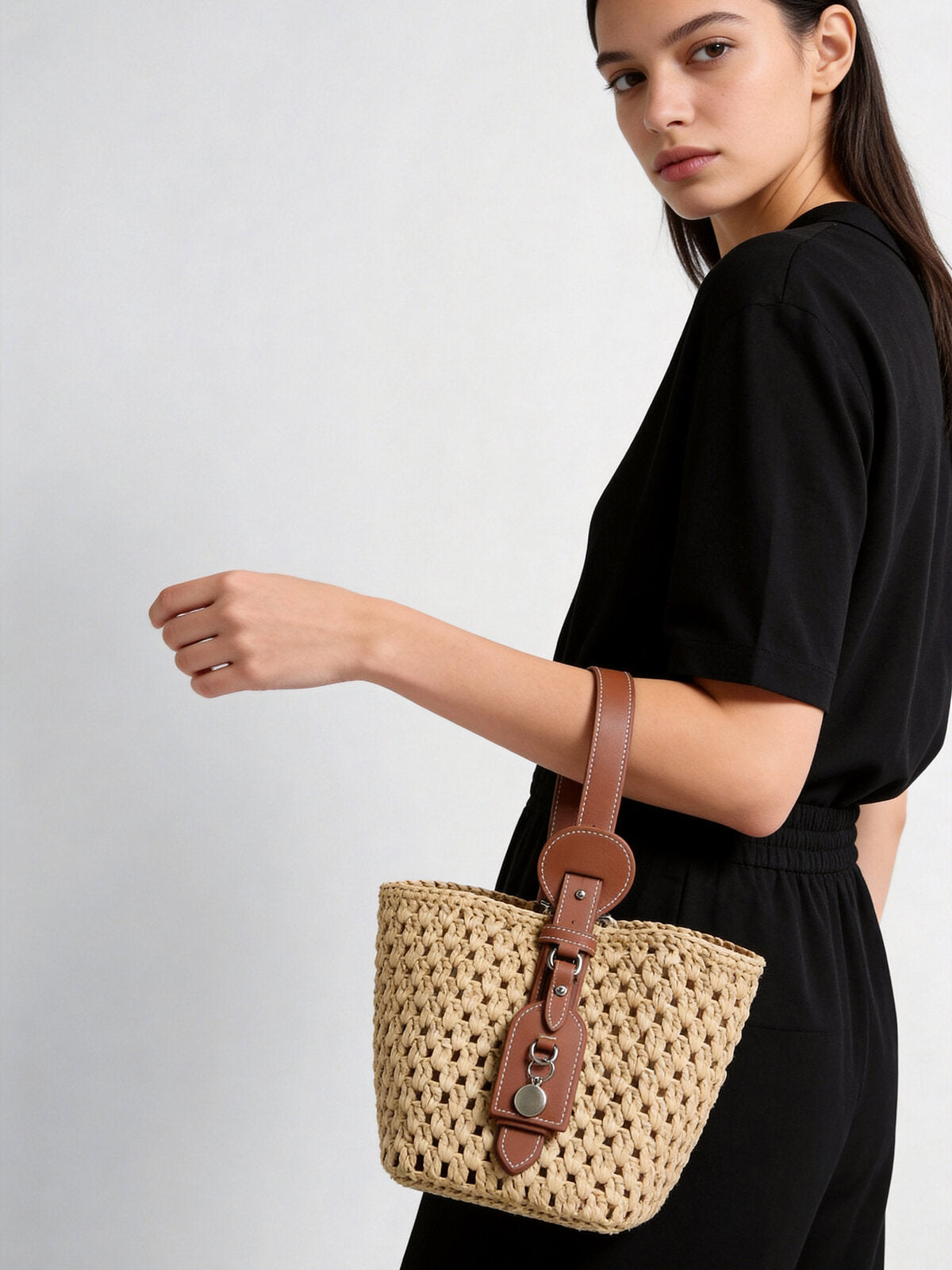 Handwoven Raffia Bucket Bag – Leather Charm Convertible Crossbody Bag