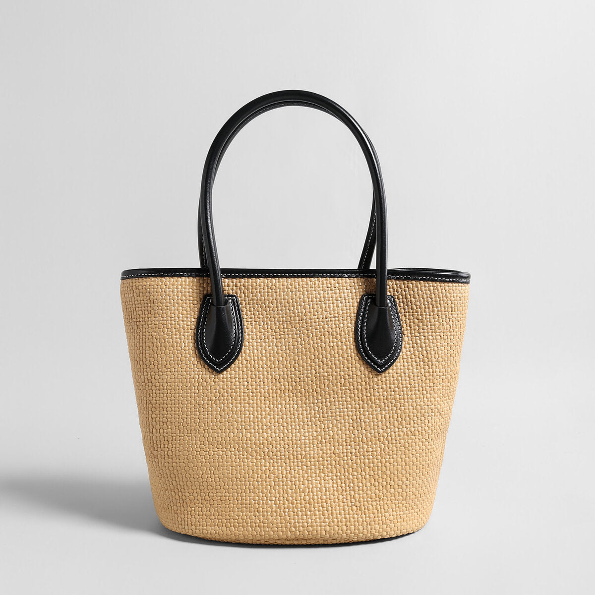 Handwoven Raffia Bucket Tote Bag – Black Leather Trim with Convertible Crossbody Strap