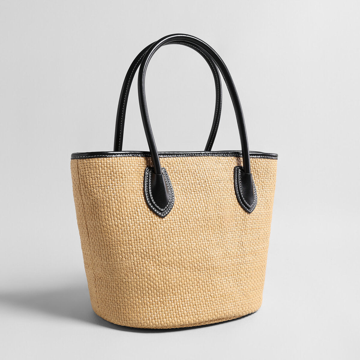 Handwoven Raffia Bucket Tote Bag – Black Leather Trim with Convertible Crossbody Strap