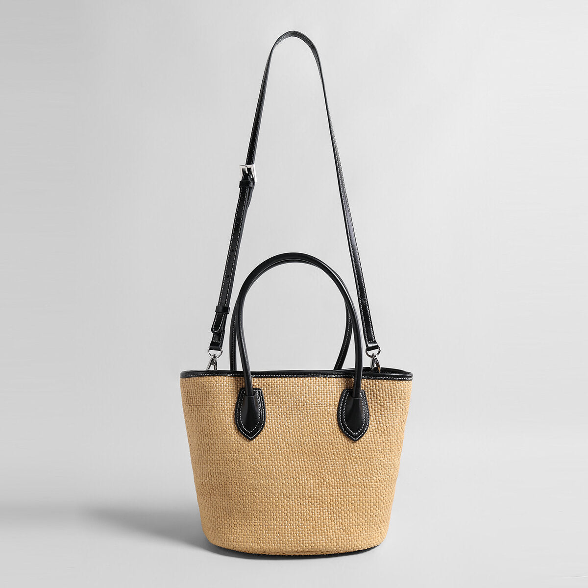 Handwoven Raffia Bucket Tote Bag – Black Leather Trim with Convertible Crossbody Strap