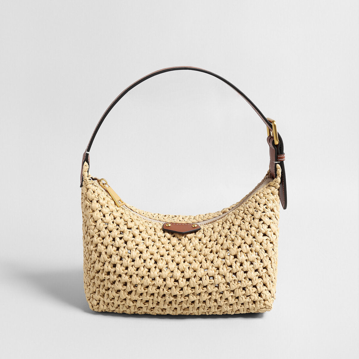 Handwoven Raffia Crochet Crescent Shoulder Bag – Leather Trim Baguette Hobo