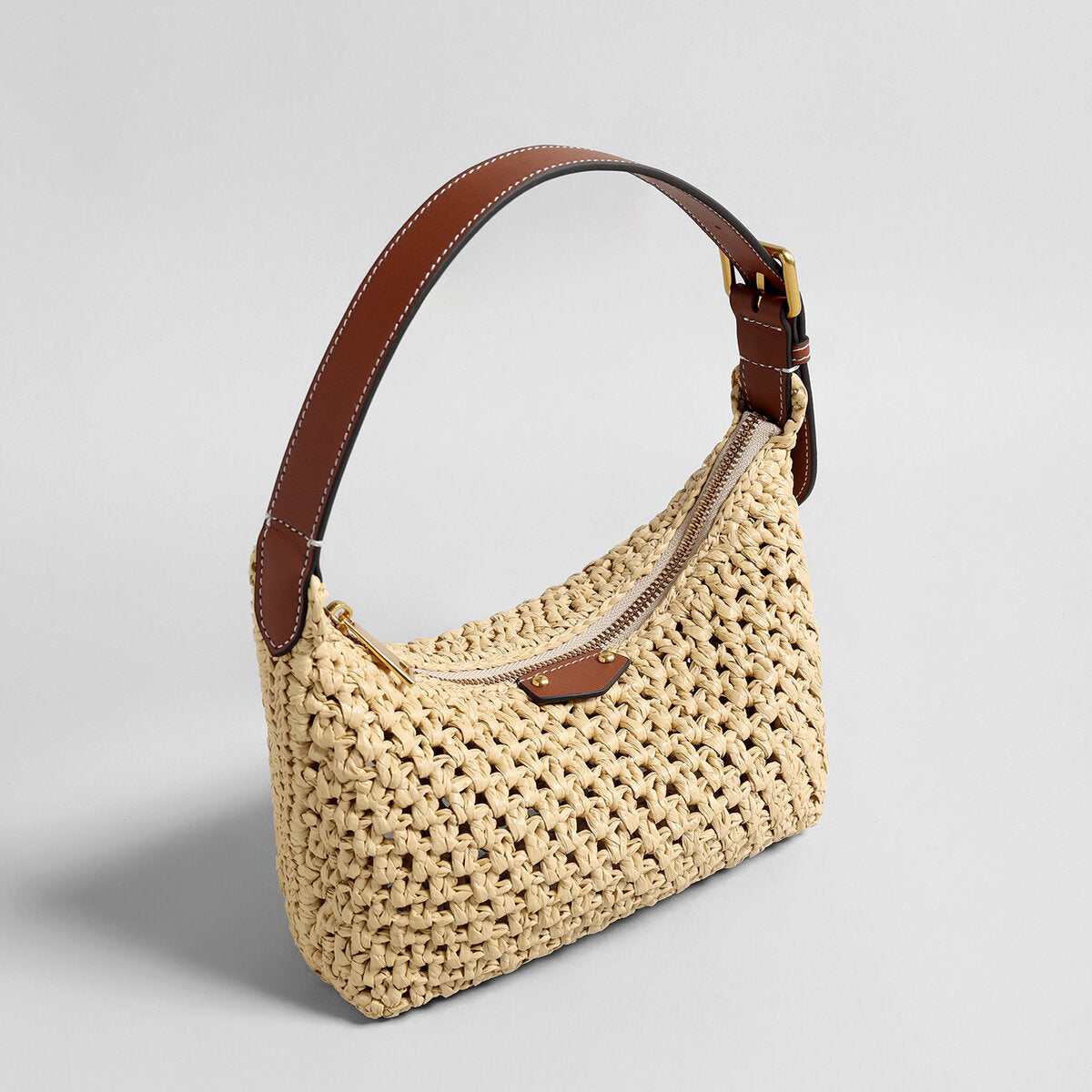 Handwoven Raffia Crochet Crescent Shoulder Bag – Leather Trim Baguette Hobo