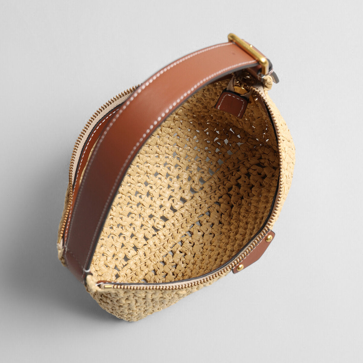 Handwoven Raffia Crochet Crescent Shoulder Bag – Leather Trim Baguette Hobo