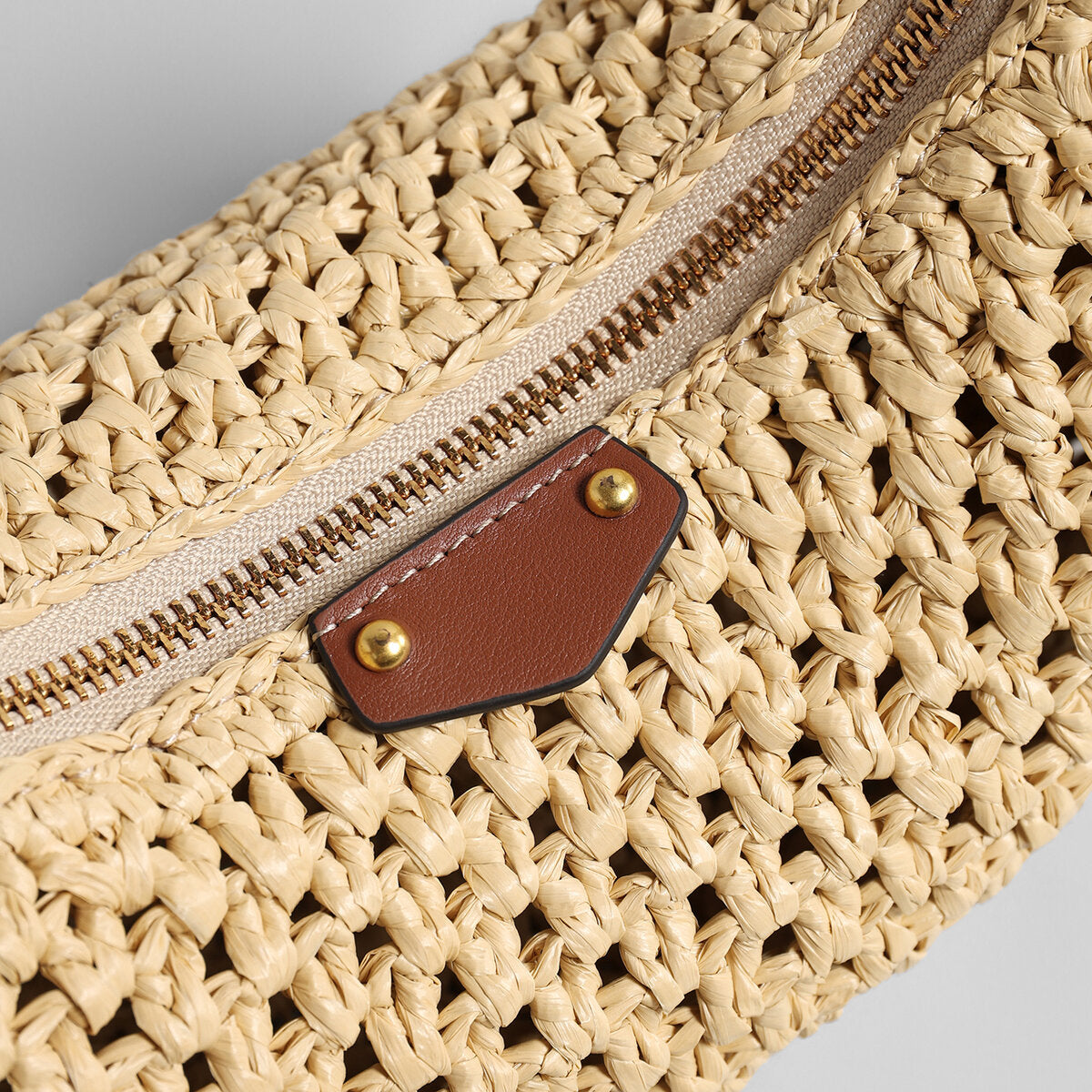 Handwoven Raffia Crochet Crescent Shoulder Bag – Leather Trim Baguette Hobo