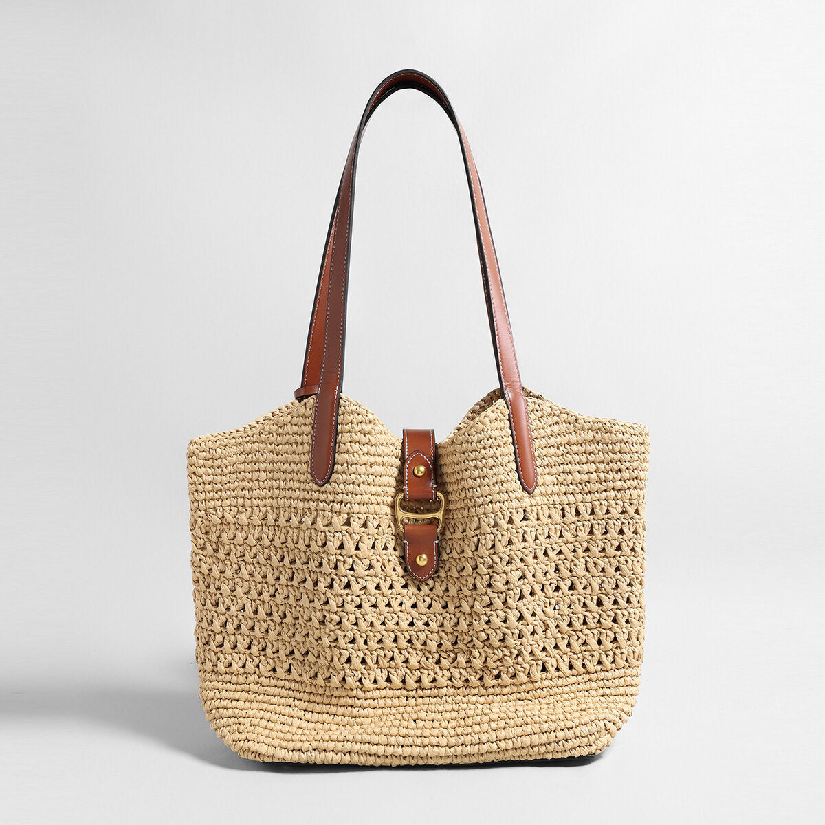 Handwoven Raffia Crochet Tote Bag – Leather Trim Buckle Detail with Detachable Zipper Pouch