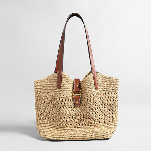 Handwoven Raffia Crochet Tote Bag – Leather Trim Buckle Detail with Detachable Zipper Pouch