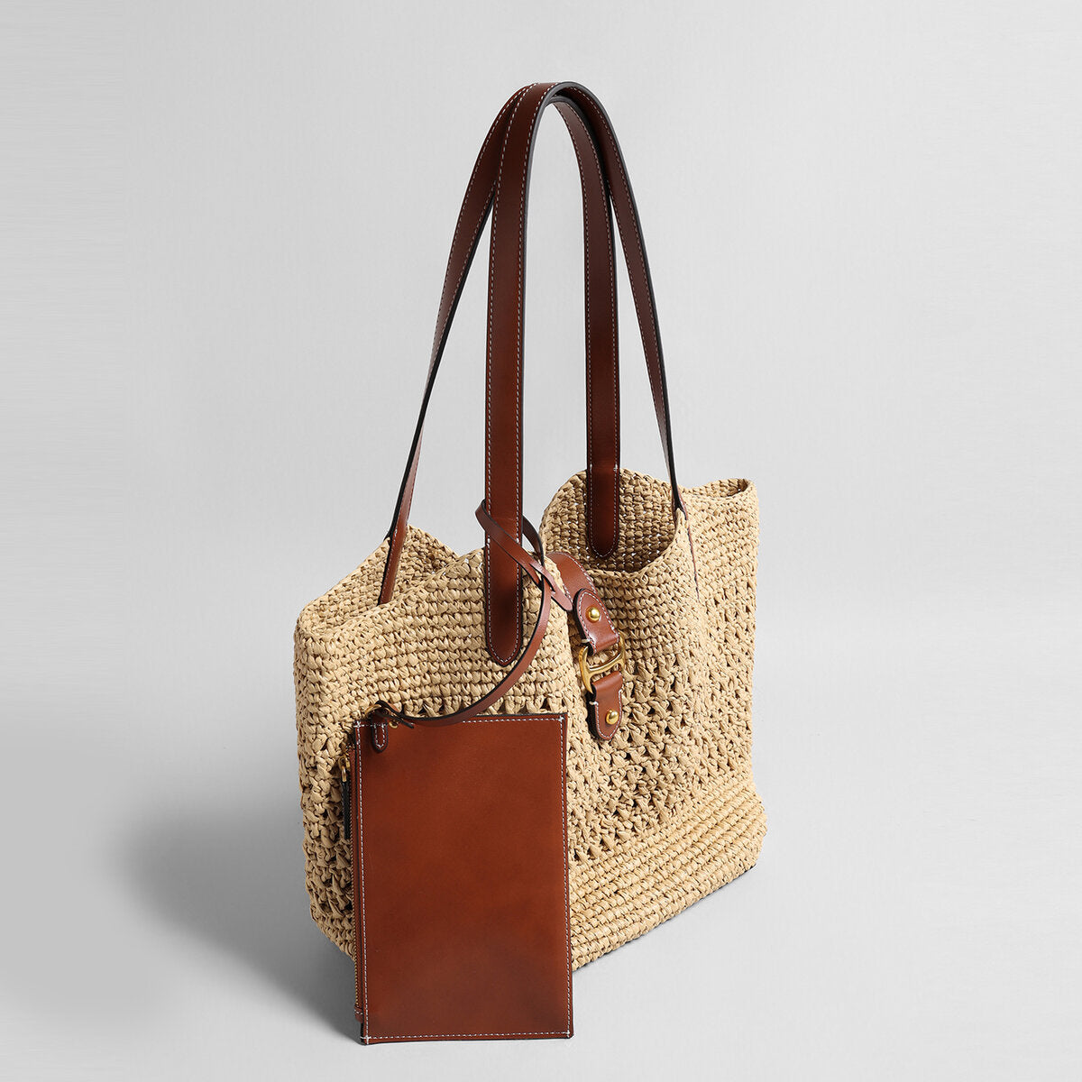 Handwoven Raffia Crochet Tote Bag – Leather Trim Buckle Detail with Detachable Zipper Pouch