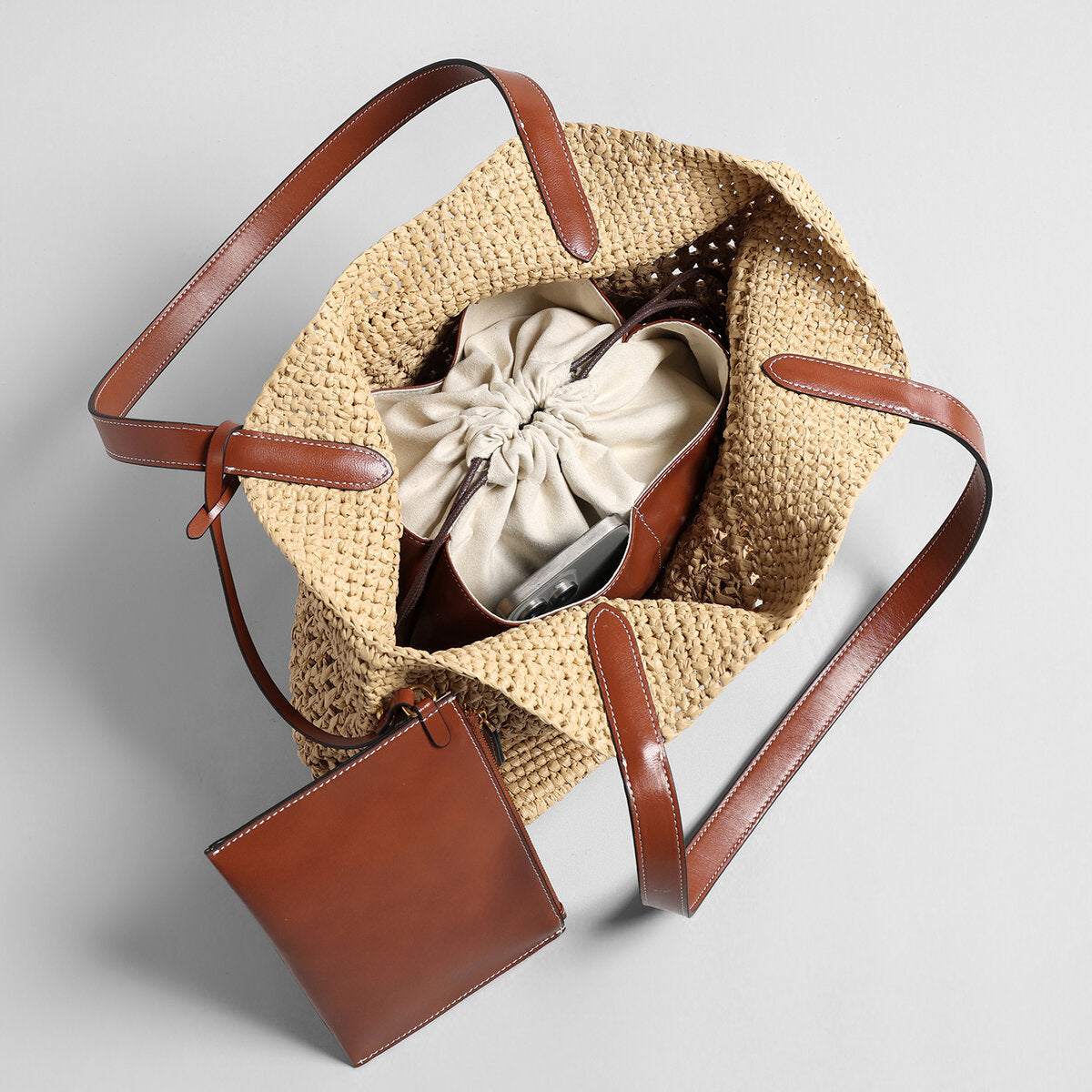 Handwoven Raffia Crochet Tote Bag – Leather Trim Buckle Detail with Detachable Zipper Pouch