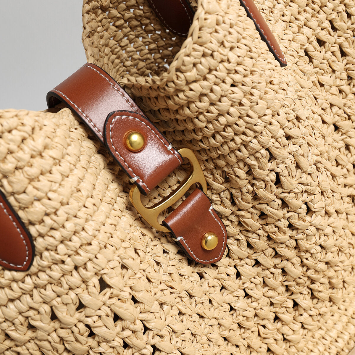 Handwoven Raffia Crochet Tote Bag – Leather Trim Buckle Detail with Detachable Zipper Pouch